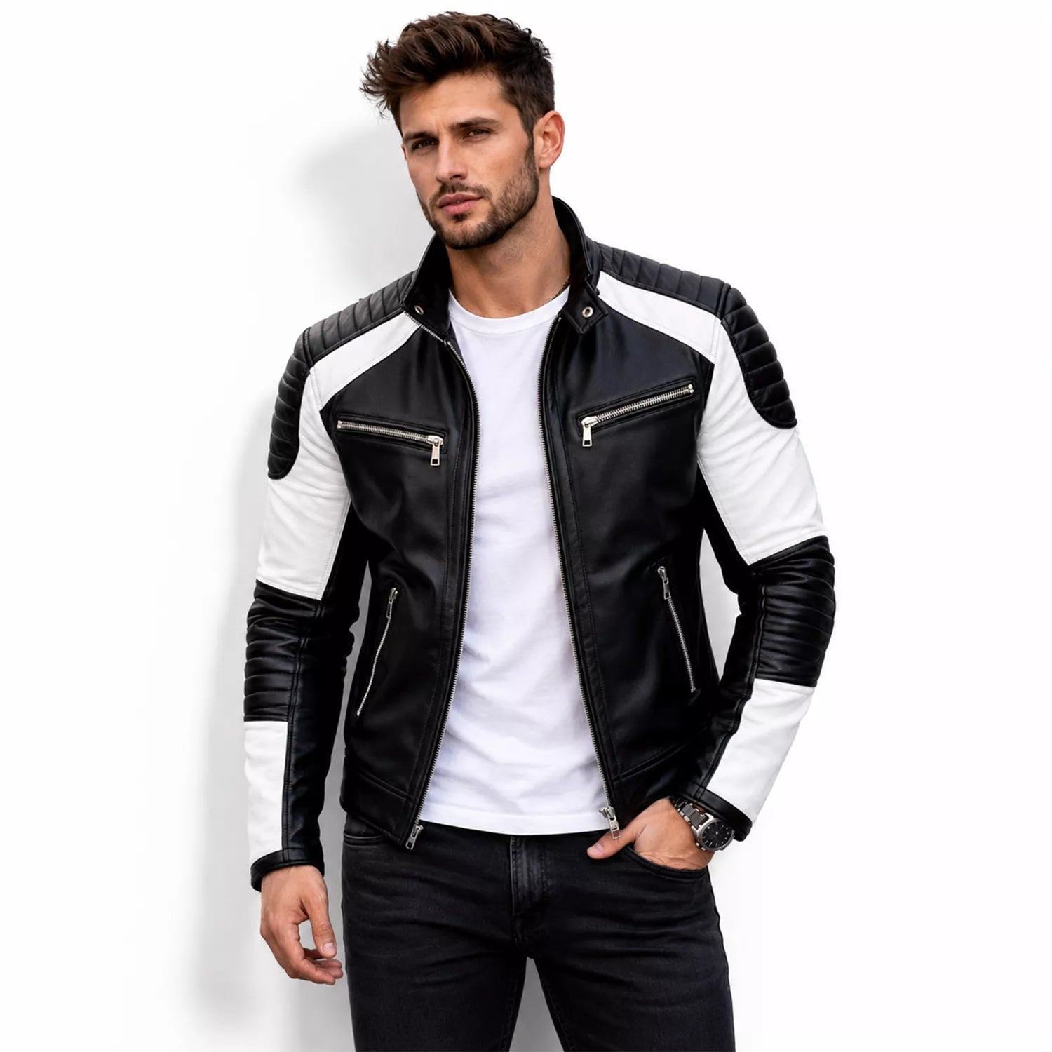 Men’s Black White Quilted Leather Biker Jacket | Moto Style Zip Jacket