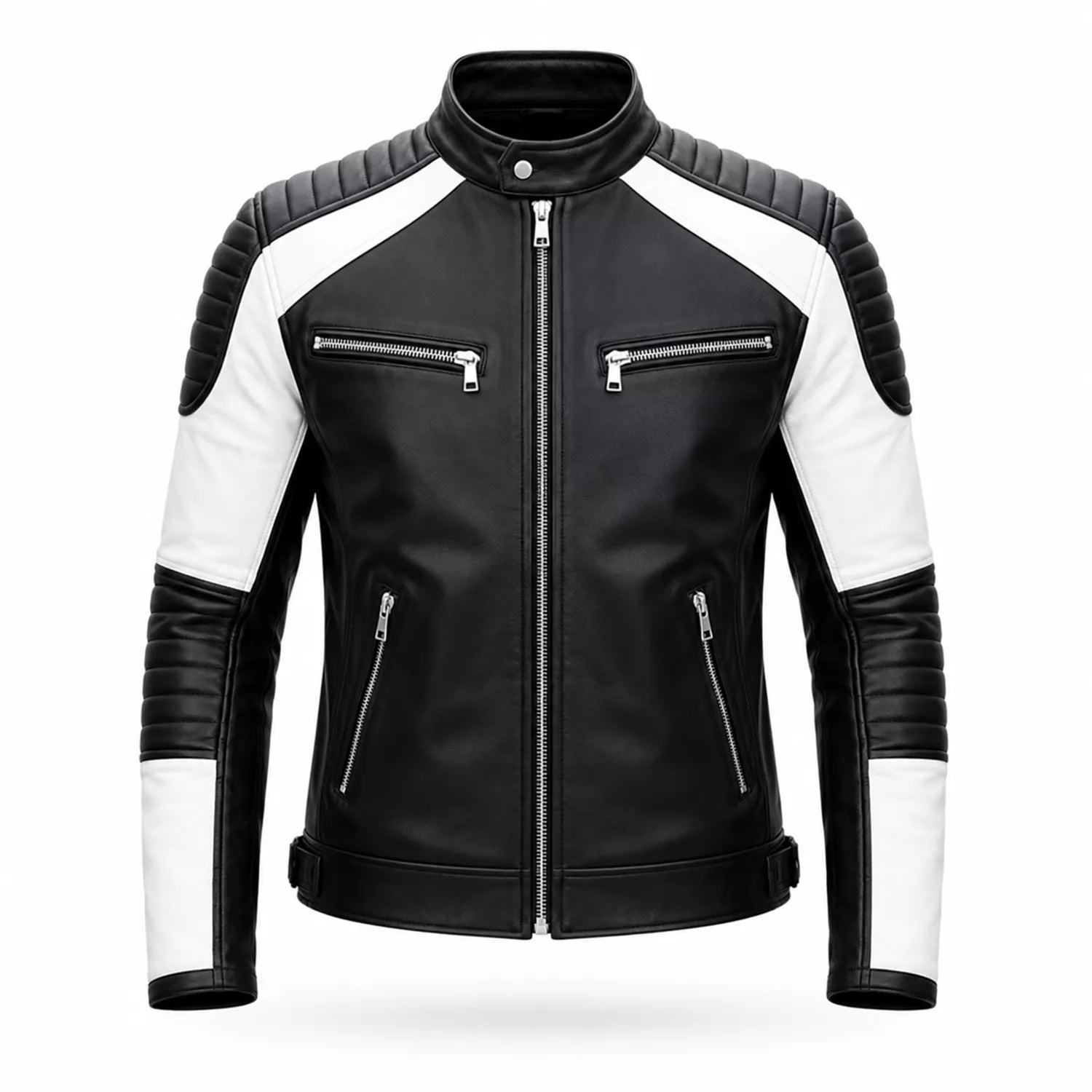 Men’s Black White Quilted Leather Biker Jacket | Moto Style Zip Jacket
