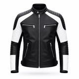Men’s Black White Quilted Leather Biker Jacket | Moto Style Zip Jacket