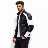 Men’s Black White Quilted Leather Biker Jacket | Moto Style Zip Jacket