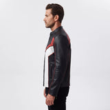 Men’s Black White Red Leather Moto Jacket | Cropped Racing Style Jacket