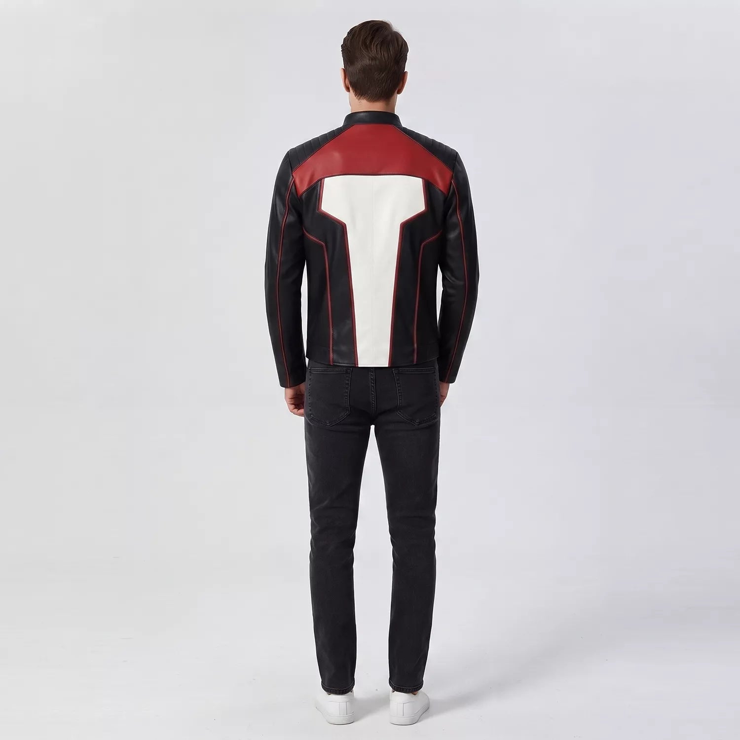 Men’s Black White Red Leather Moto Jacket | Cropped Racing Style Jacket