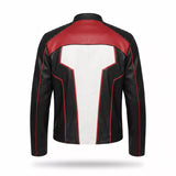 Men’s Black White Red Leather Moto Jacket | Cropped Racing Style Jacket