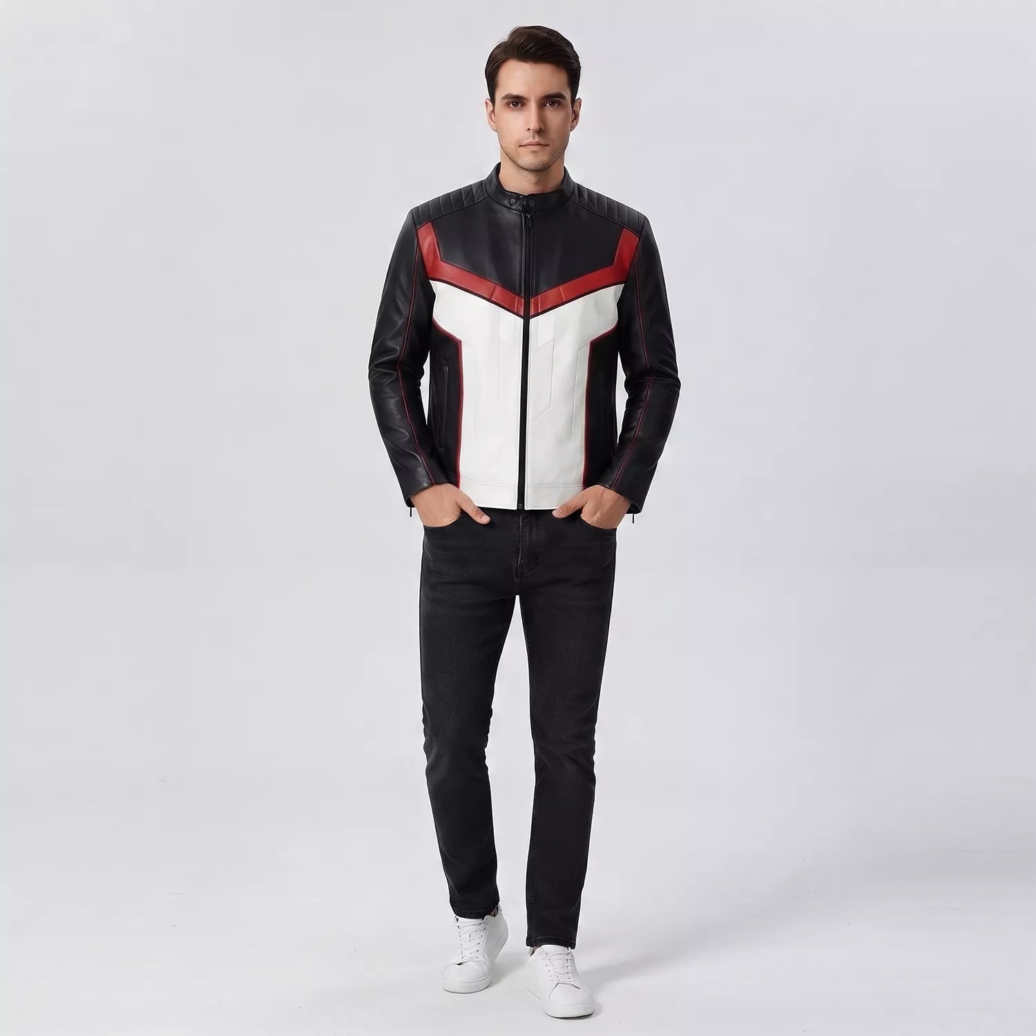 Men’s Black White Red Leather Moto Jacket | Cropped Racing Style Jacket