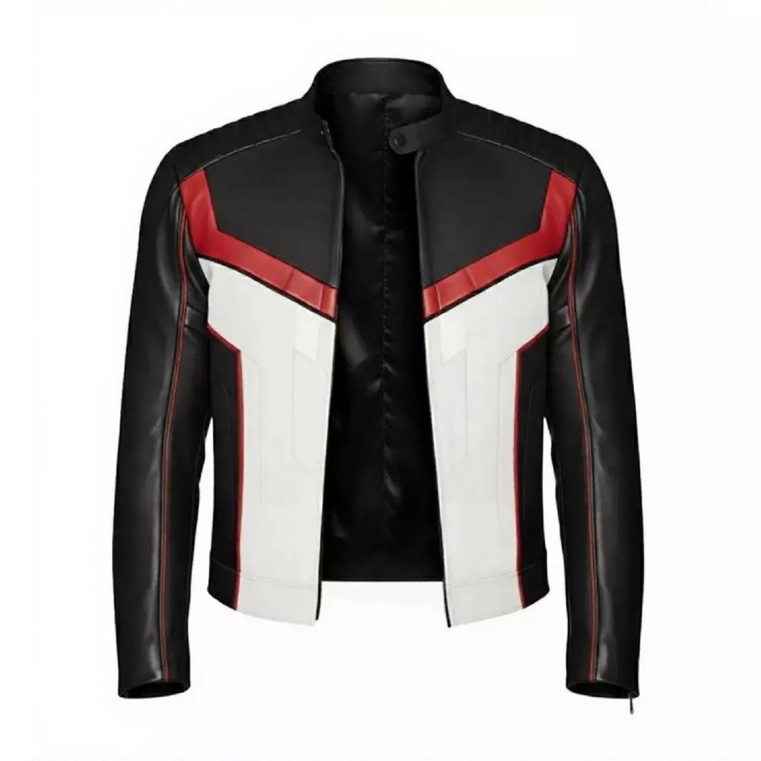 Men’s Black White Red Leather Moto Jacket | Cropped Racing Style Jacket
