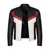 Men’s Black White Red Leather Moto Jacket | Cropped Racing Style Jacket