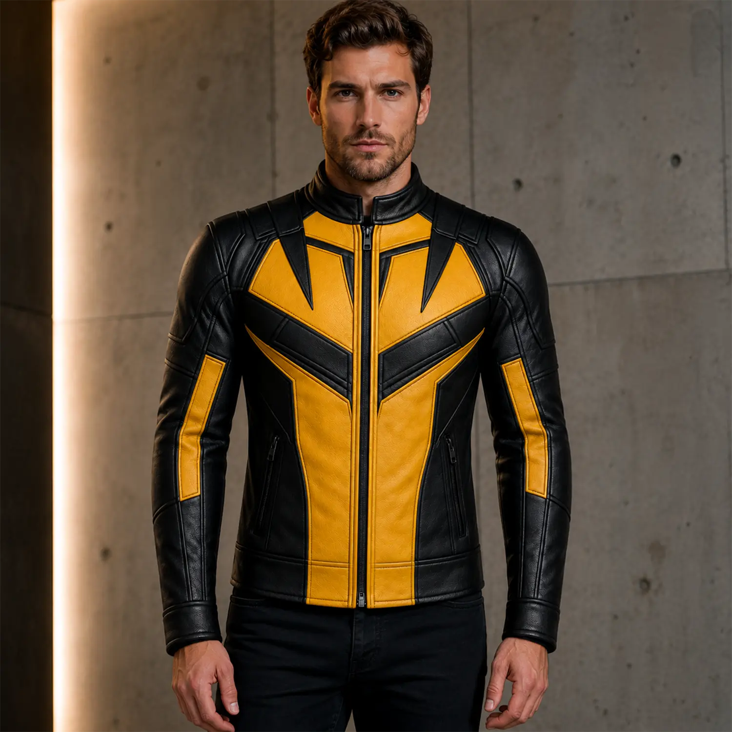 Men’s Black Yellow Leather Moto Jacket  Stylish Zip-Up Biker Jacket
