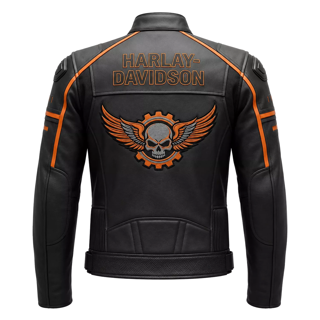 Men’s Black & Orange Racing Leather Biker Jacket | Moto Style Zip Jacket