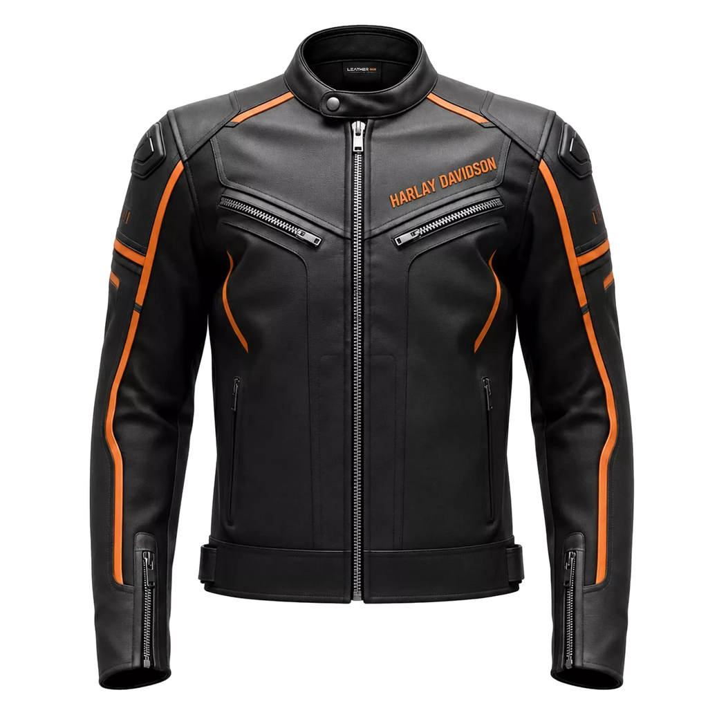Men’s Black & Orange Racing Leather Biker Jacket | Moto Style Zip Jacket