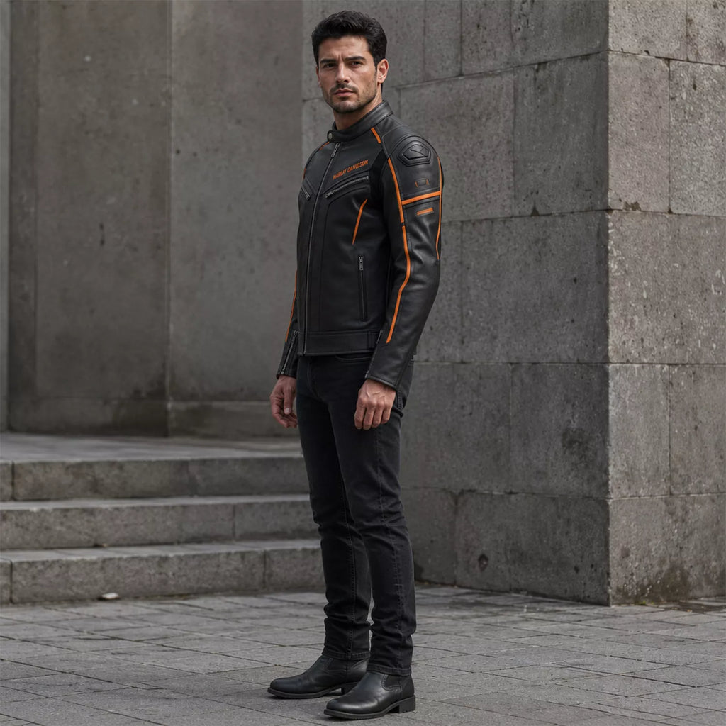 Men’s Black & Orange Racing Leather Biker Jacket | Moto Style Zip Jacket