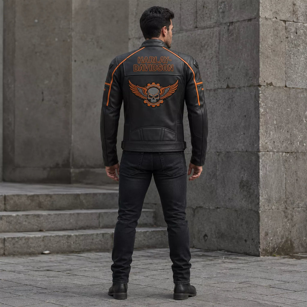 Men’s Black & Orange Racing Leather Biker Jacket | Moto Style Zip Jacket