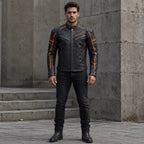 Men’s Black & Orange Racing Leather Biker Jacket | Moto Style Zip Jacket