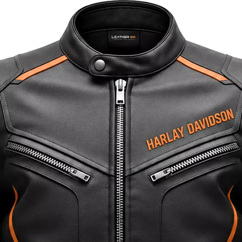 Men’s Black & Orange Racing Leather Biker Jacket | Moto Style Zip Jacket