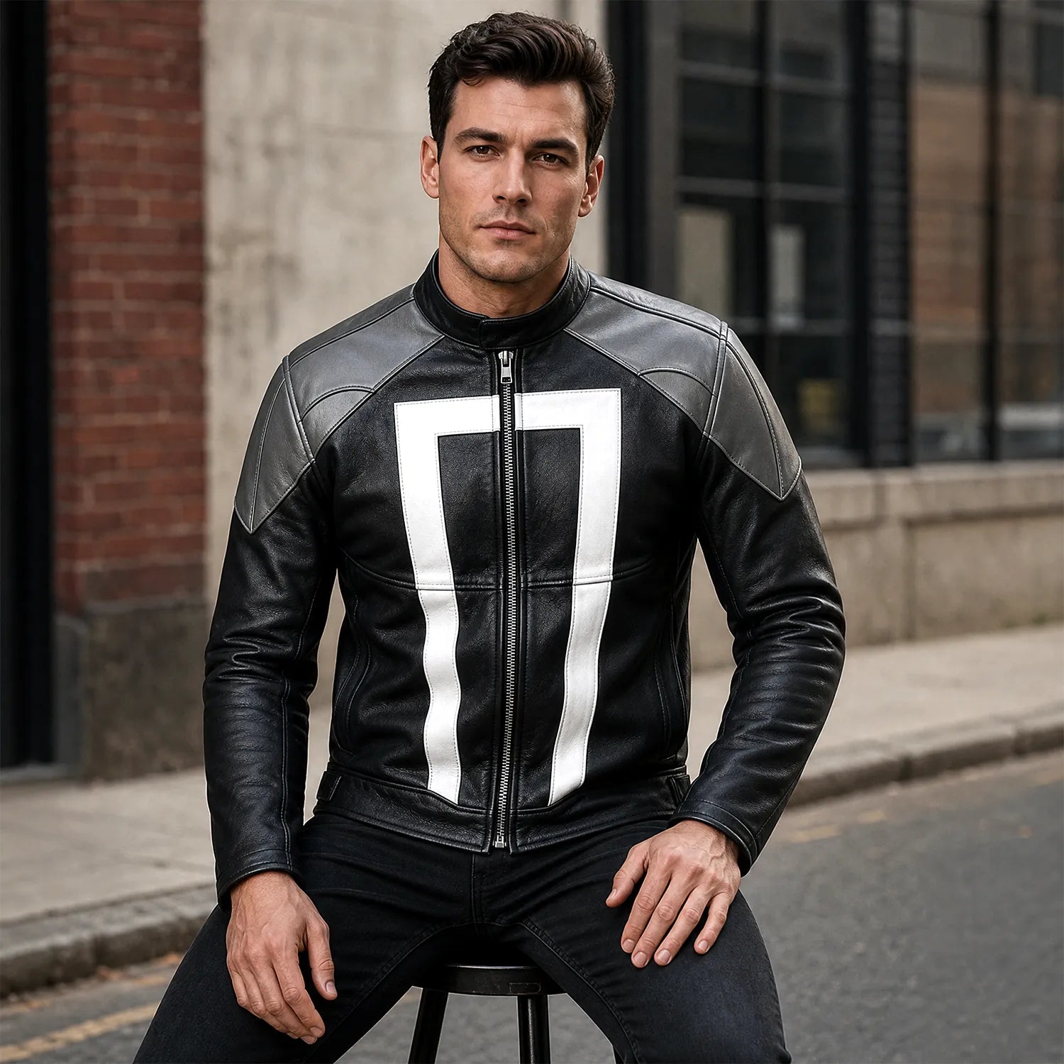 Men’s Black & White Racing Leather Jacket | Ghost Rider Inspired Motorcycle Cosplay Jacket