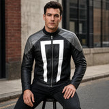 Men’s Black & White Racing Leather Jacket | Ghost Rider Inspired Motorcycle Cosplay Jacket