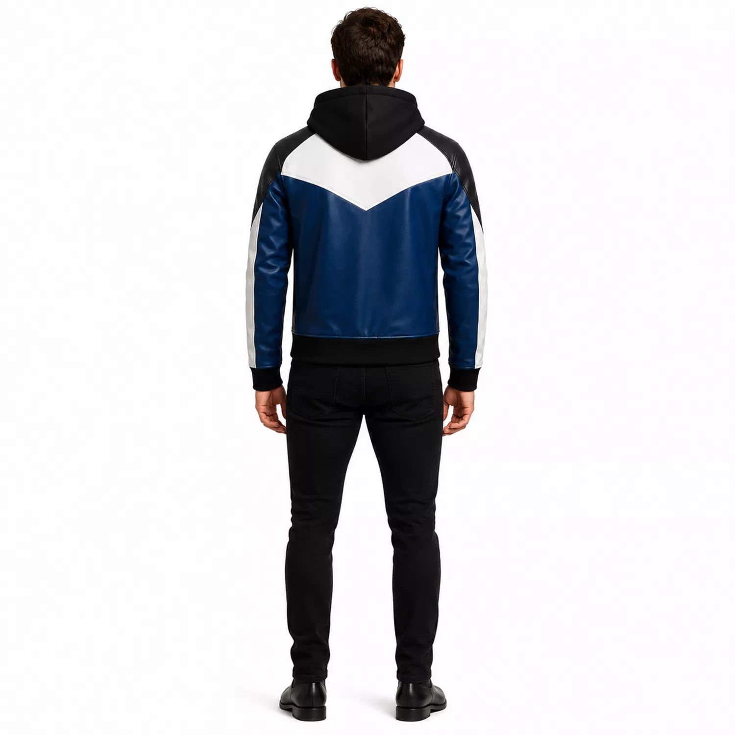 Men’s Blue Black White Hooded Leather Bomber Jacket | Color Block