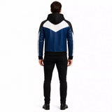 Men’s Blue Black White Hooded Leather Bomber Jacket | Color Block