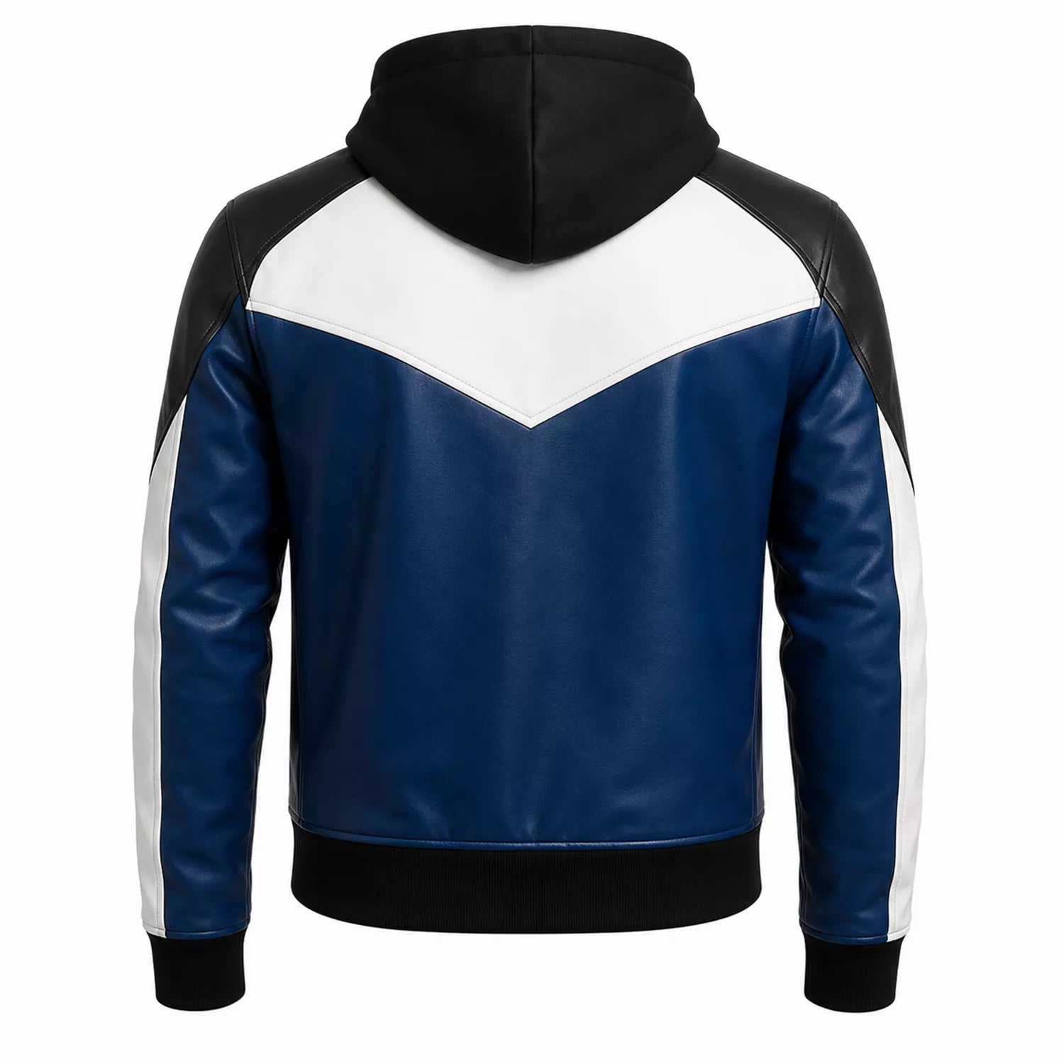 Men’s Blue Black White Hooded Leather Bomber Jacket | Color Block