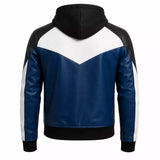 Men’s Blue Black White Hooded Leather Bomber Jacket | Color Block