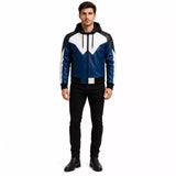 Men’s Blue Black White Hooded Leather Bomber Jacket | Color Block