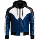 Men’s Blue Black White Hooded Leather Bomber Jacket | Color Block