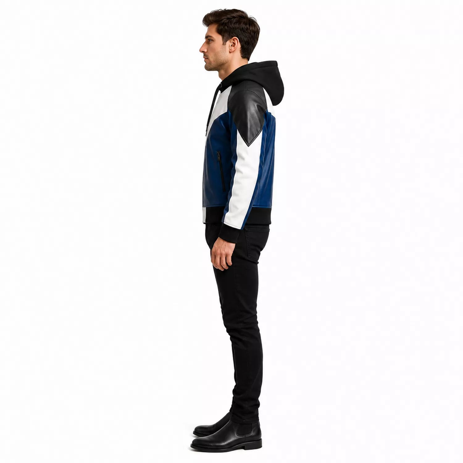 Men’s Blue Black White Hooded Leather Bomber Jacket | Color Block