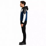 Men’s Blue Black White Hooded Leather Bomber Jacket | Color Block