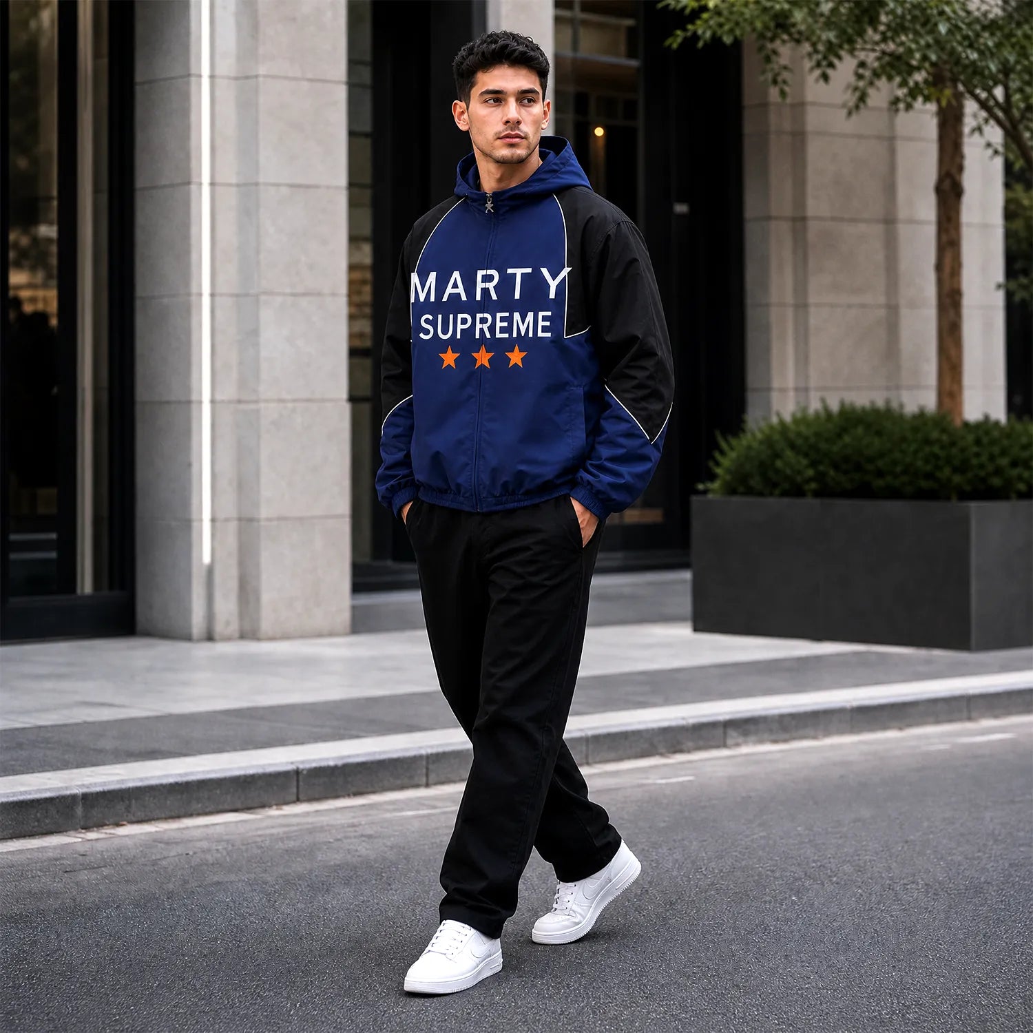 Men’s Blue Hooded Racing Jacket | Retro Supreme Inspired Windbreaker Style