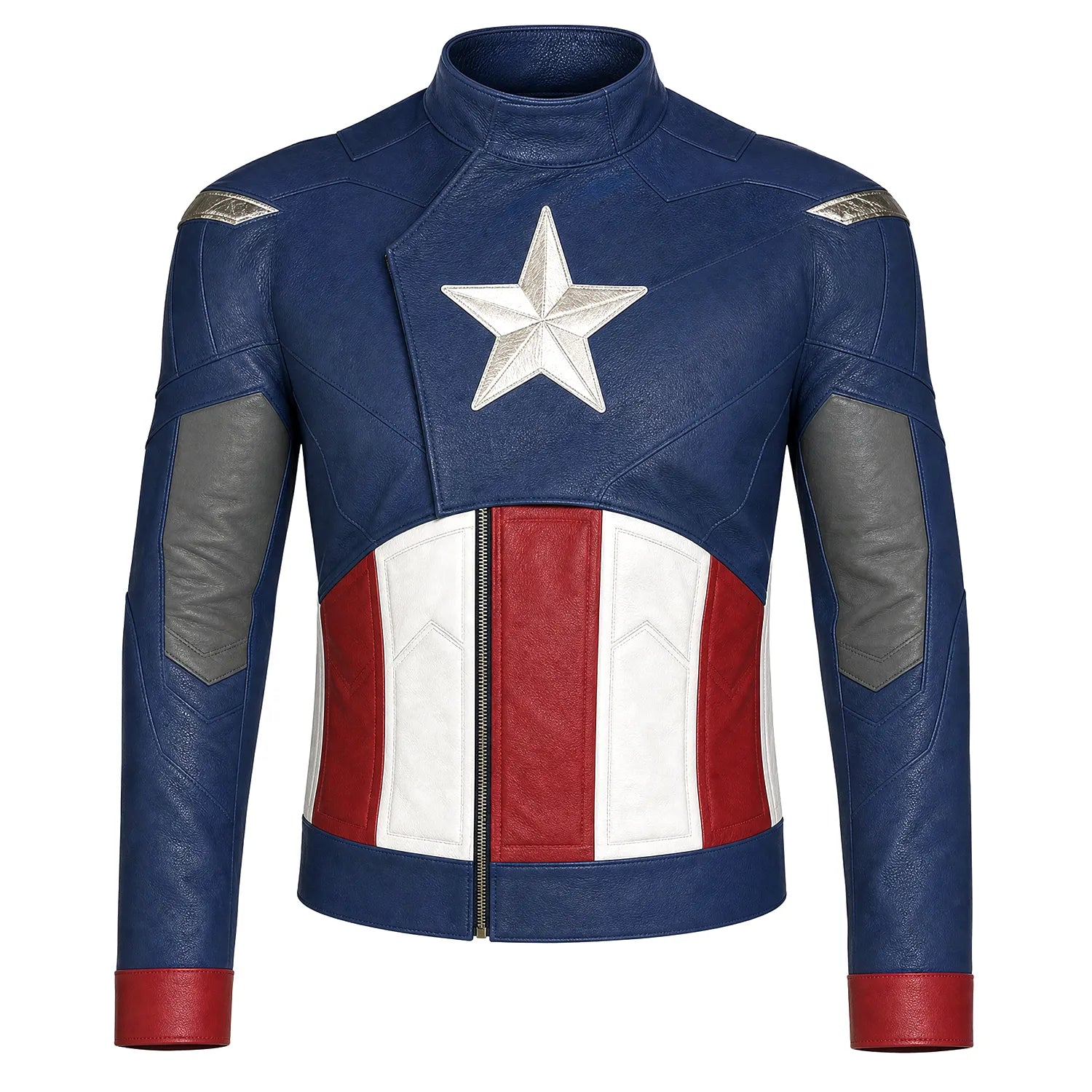 Men's Blue Red Leather Jacket | Star Emblem Hero Inspired Motorcycle Style Jacket