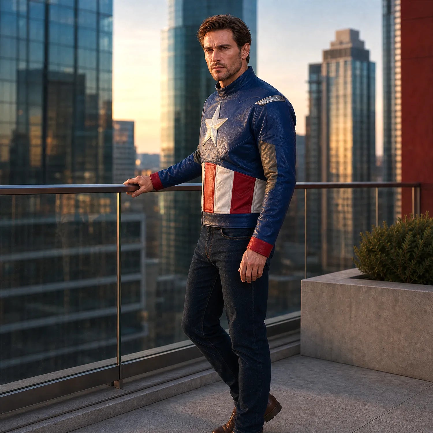 Men's Blue Red Leather Jacket | Star Emblem Hero Inspired Motorcycle Style Jacket
