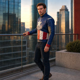 Men's Blue Red Leather Jacket | Star Emblem Hero Inspired Motorcycle Style Jacket
