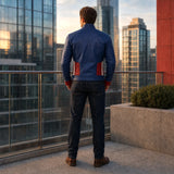 Men's Blue Red Leather Jacket | Star Emblem Hero Inspired Motorcycle Style Jacket