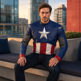 Men's Blue Red Leather Jacket | Star Emblem Hero Inspired Motorcycle Style Jacket