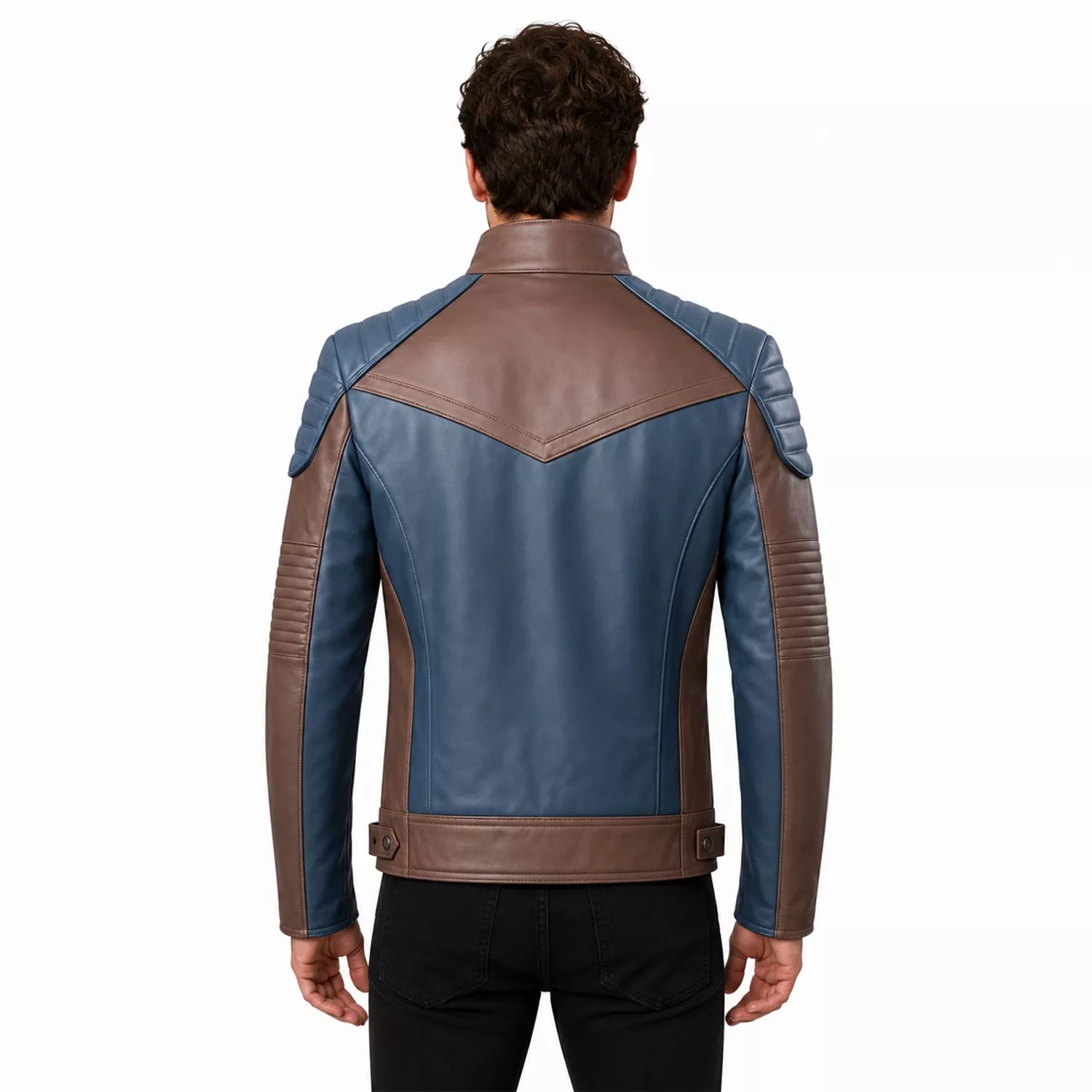 Men’s Blue and Taupe Leather Biker Jacket | Modern Moto Zip Jacket
