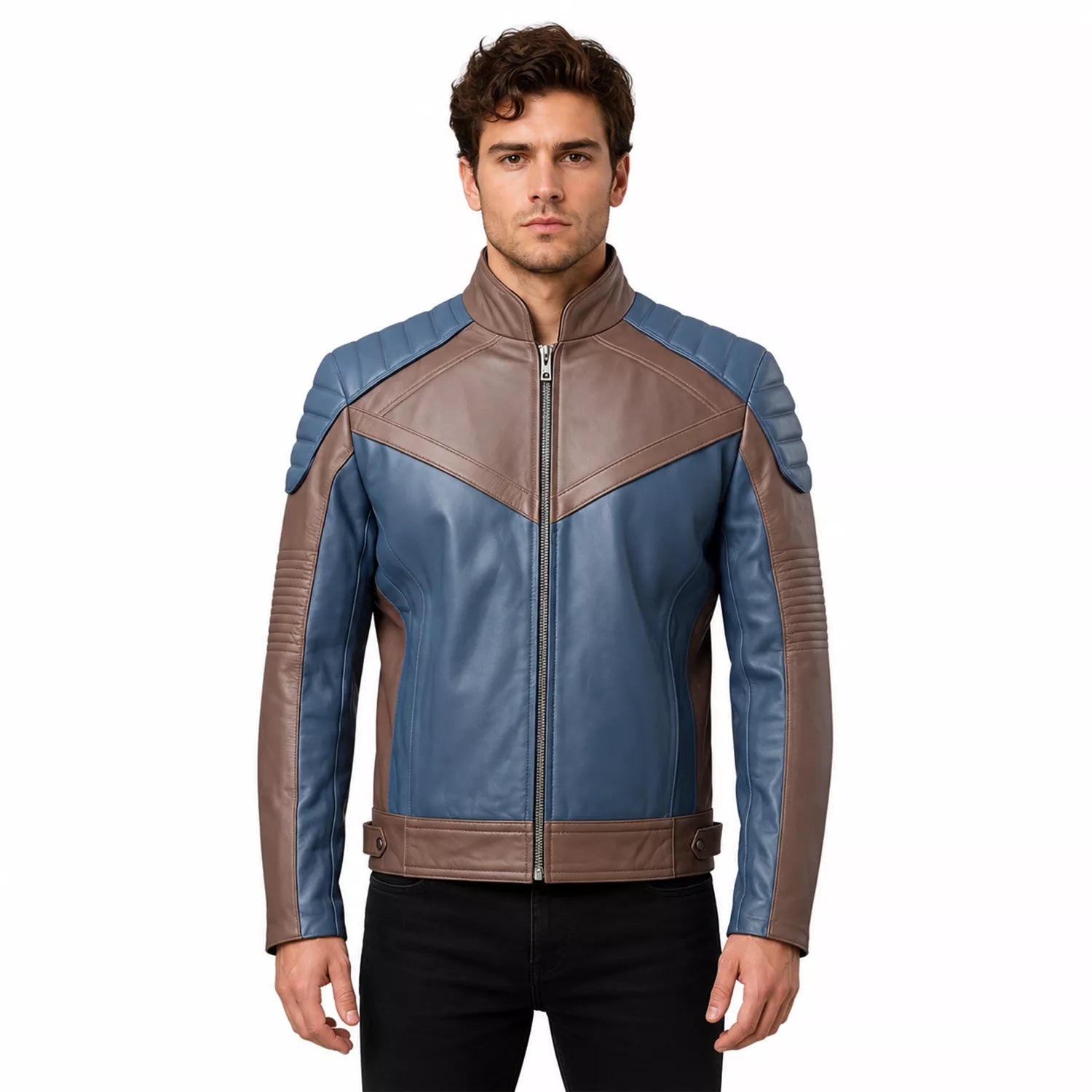 Men’s Blue and Taupe Leather Biker Jacket | Modern Moto Zip Jacket