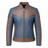 Men’s Blue and Taupe Leather Biker Jacket | Modern Moto Zip Jacket