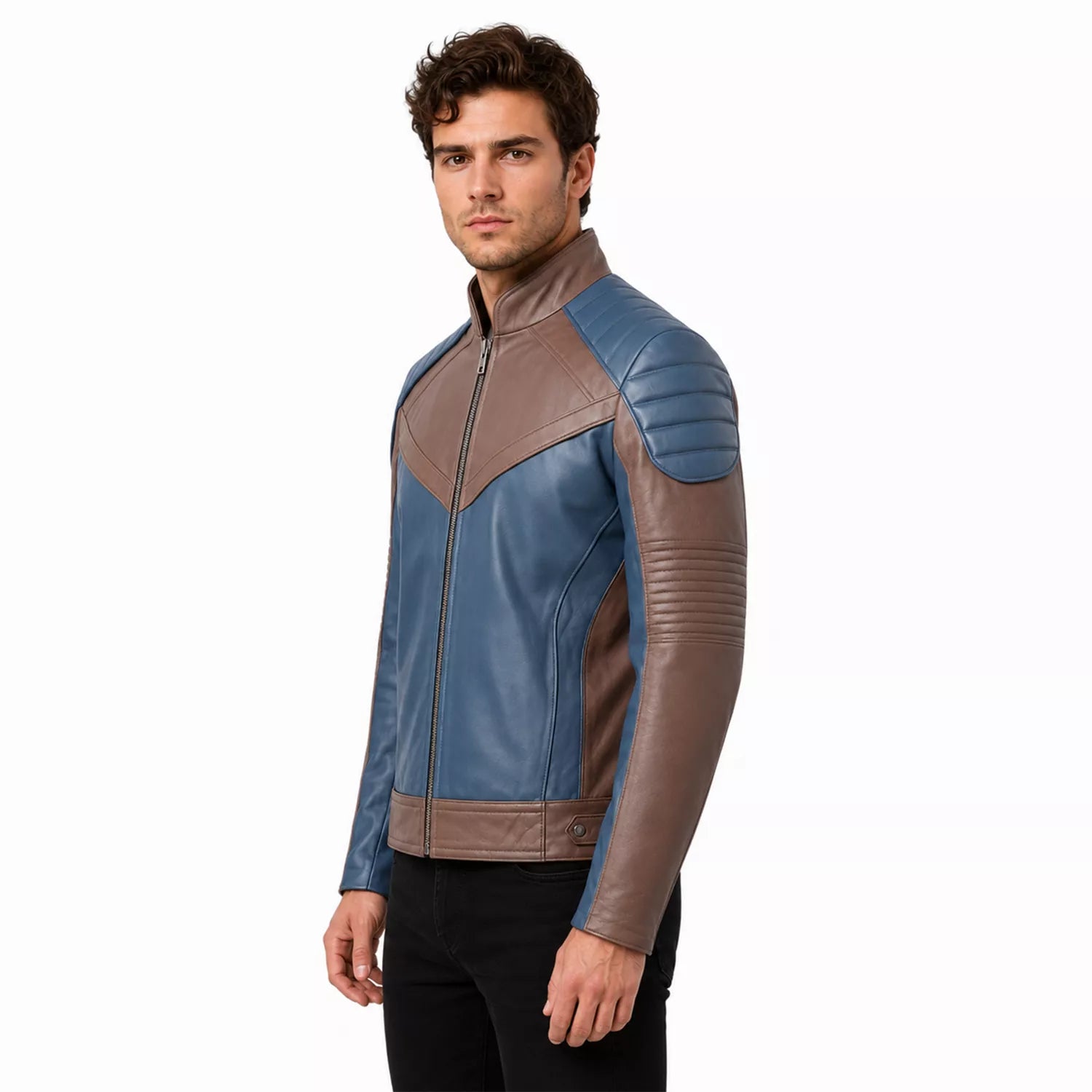 Men’s Blue and Taupe Leather Biker Jacket | Modern Moto Zip Jacket