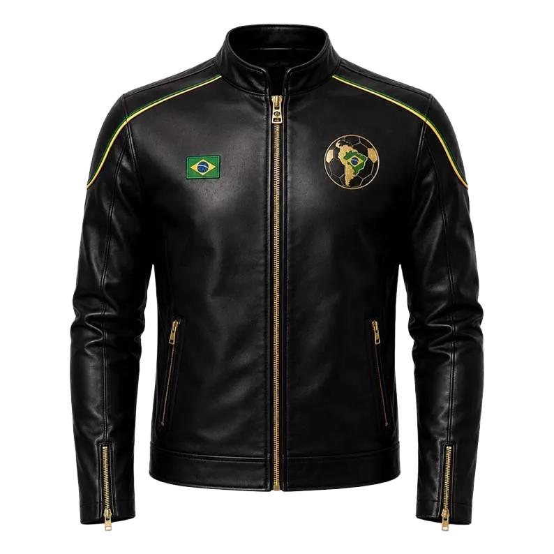 Herren Bikerjacke aus schwarzem Leder im Brasilien-Stil – Café Racer Jacke mit goldenen Reißverschlussdetails
