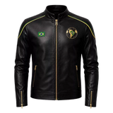 Men’s Brazil-Inspired Black Leather Biker Jacket – Café Racer Jacket with Gold Zipper Details