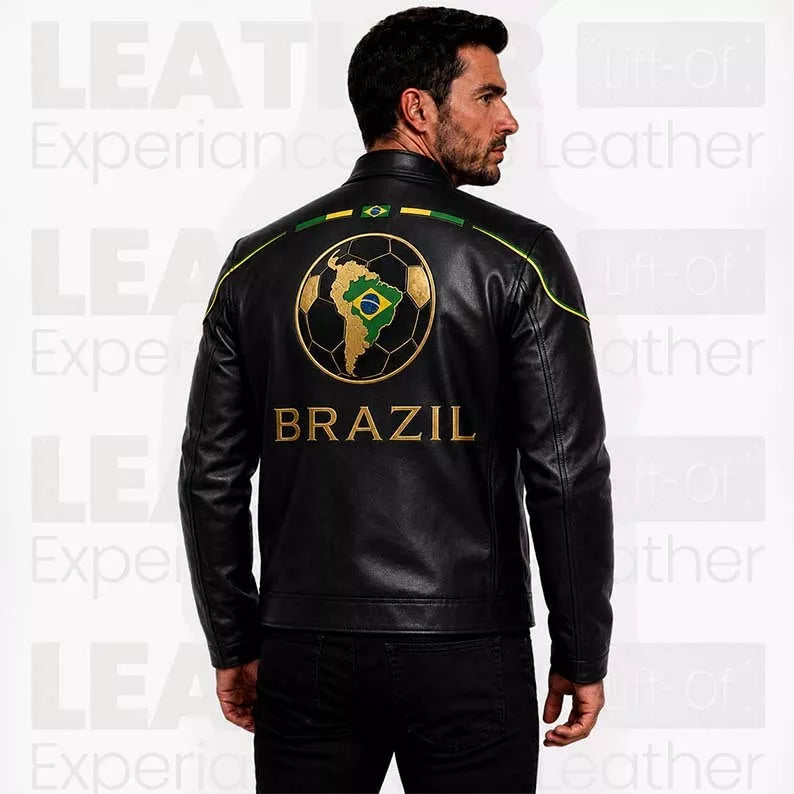 Herren Bikerjacke aus schwarzem Leder im Brasilien-Stil – Café Racer Jacke mit goldenen Reißverschlussdetails