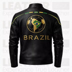 Herren Bikerjacke aus schwarzem Leder im Brasilien-Stil – Café Racer Jacke mit goldenen Reißverschlussdetails