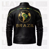Men’s Brazil-Inspired Black Leather Biker Jacket – Café Racer Jacket with Gold Zipper Details