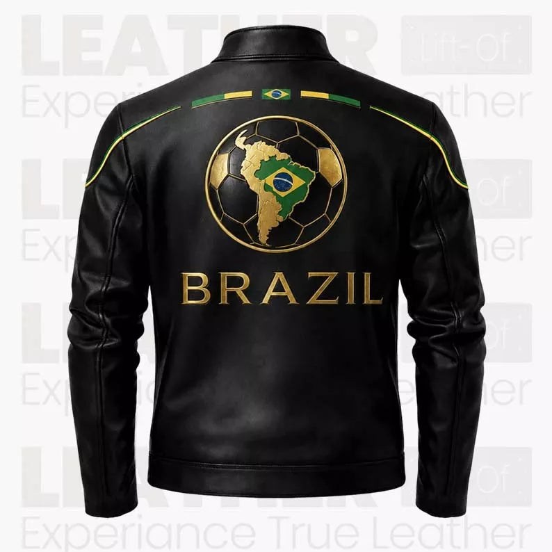 Herren Bikerjacke aus schwarzem Leder im Brasilien-Stil – Café Racer Jacke mit goldenen Reißverschlussdetails