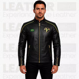Men’s Brazil-Inspired Black Leather Biker Jacket – Café Racer Jacket with Gold Zipper Details