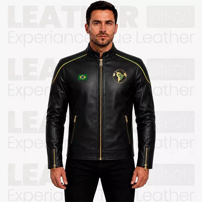 Herren Bikerjacke aus schwarzem Leder im Brasilien-Stil – Café Racer Jacke mit goldenen Reißverschlussdetails