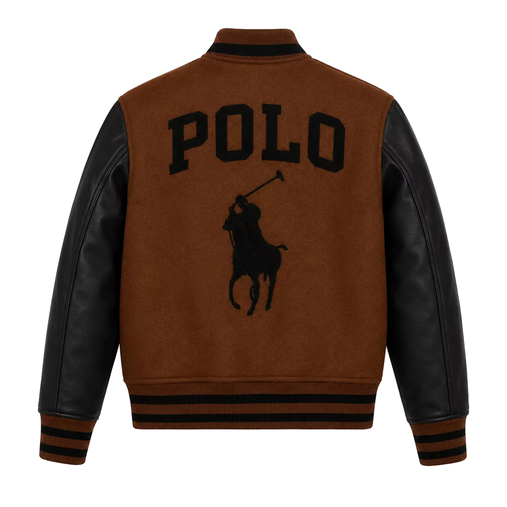 Men’s Brown Black Polo Rider Varsity Jacket | Leather Sleeve Letterman Jacket