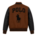 Men’s Brown Black Polo Rider Varsity Jacket | Leather Sleeve Letterman Jacket