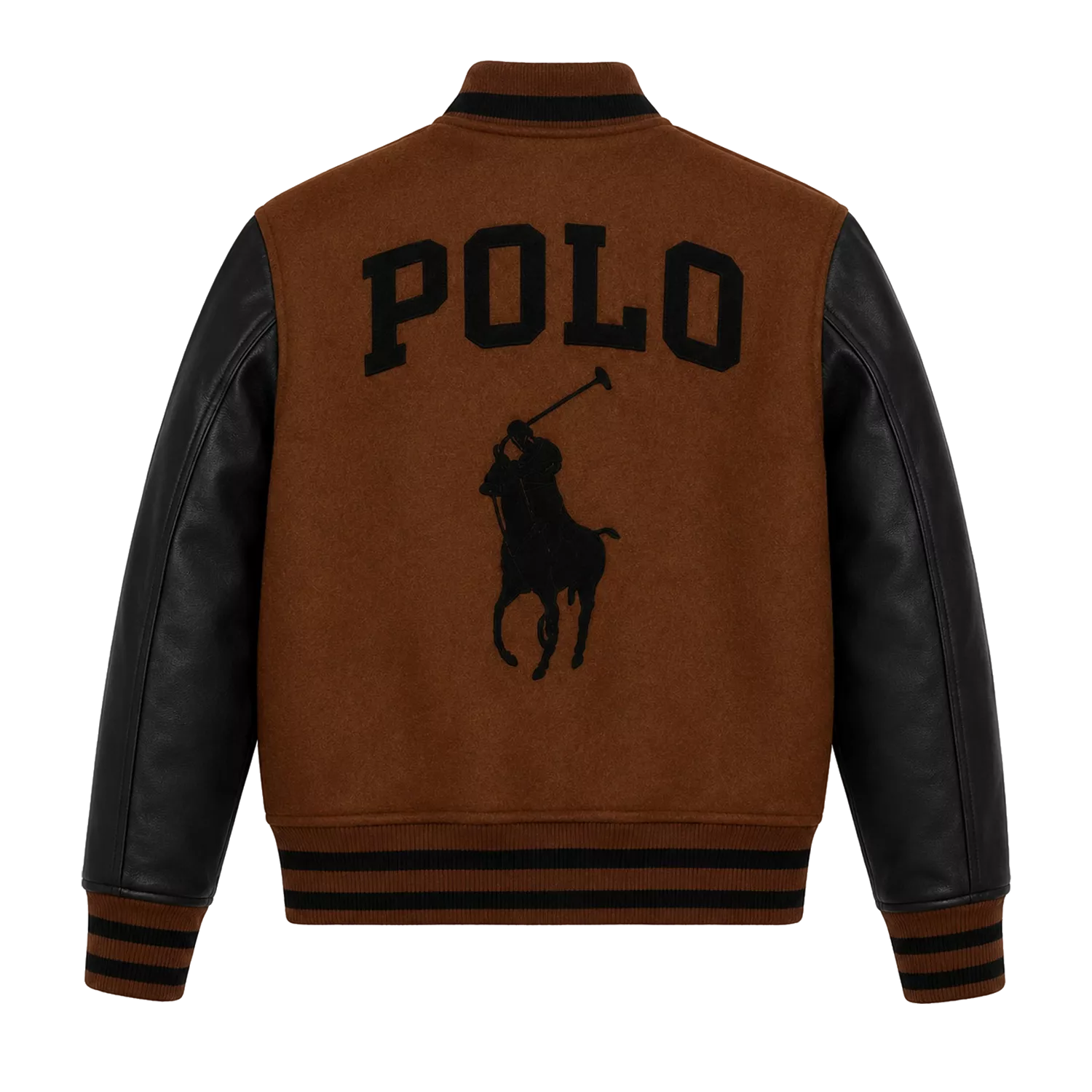 Men’s Brown Black Polo Rider Varsity Jacket | Leather Sleeve Letterman Jacket