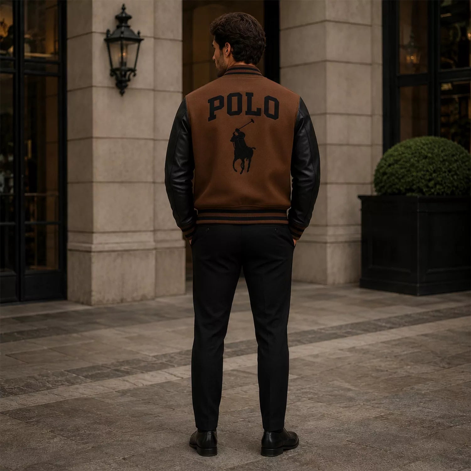 Men’s Brown Black Polo Rider Varsity Jacket | Leather Sleeve Letterman Jacket