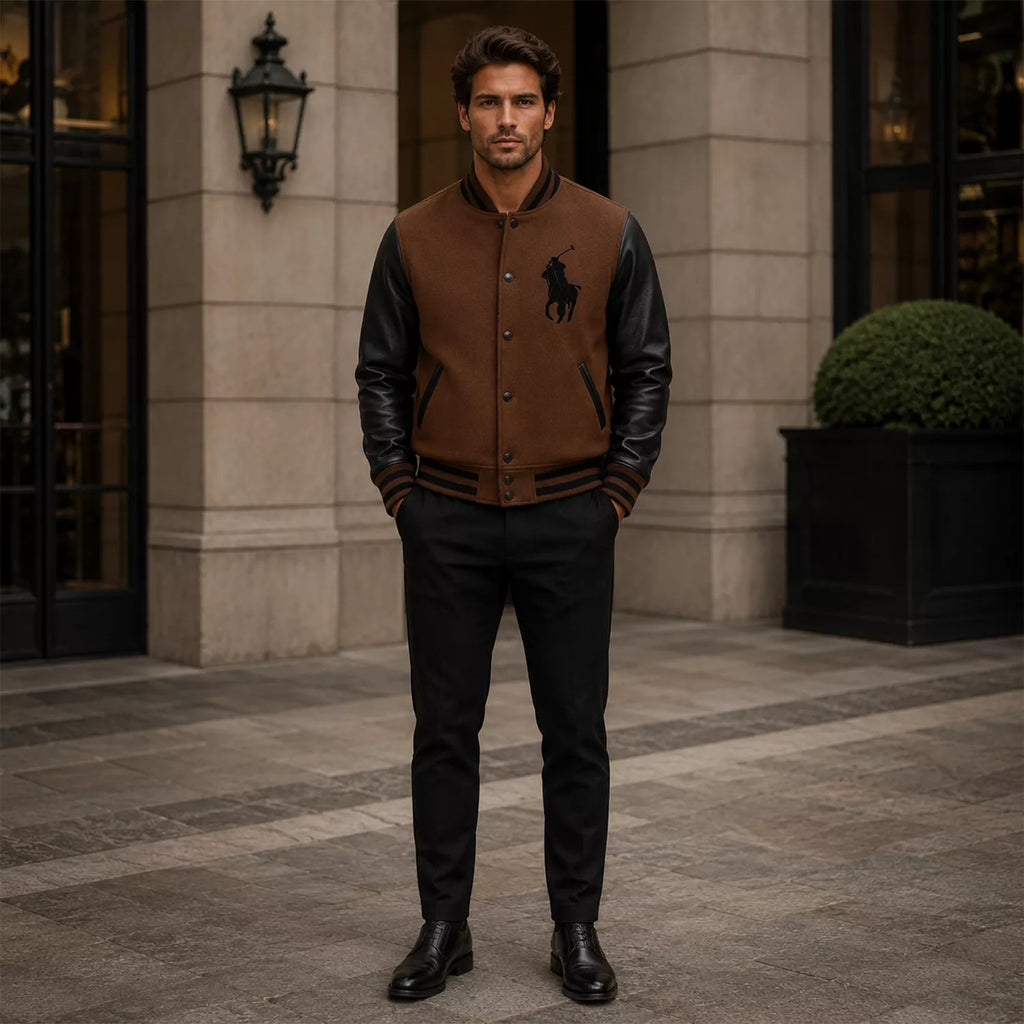 Men’s Brown Black Polo Rider Varsity Jacket | Leather Sleeve Letterman Jacket